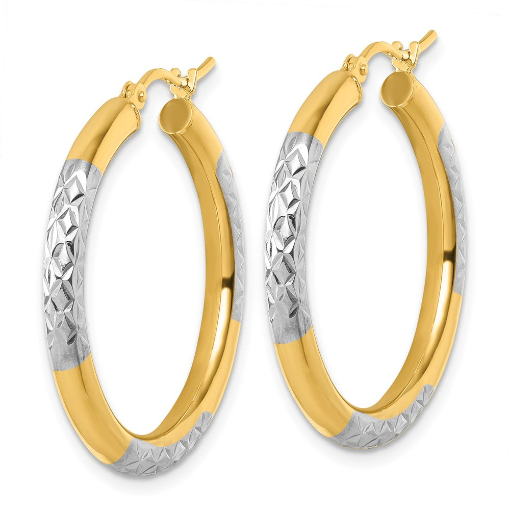 14k with Rhodium Diamond Cut 3mm Hoop Earrings
