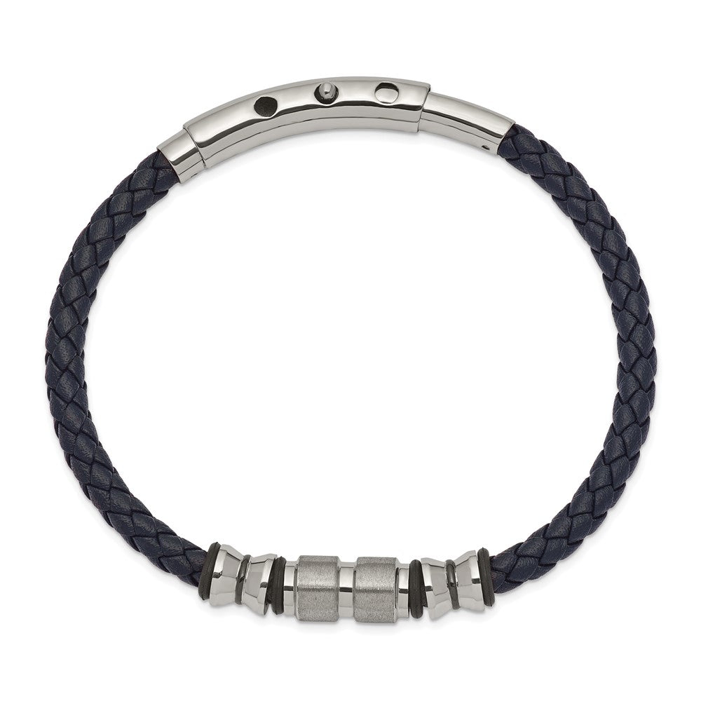 Stainless Steel Brushed & Polished Blk IP/Rubber Blue Leather Adj Bracelet