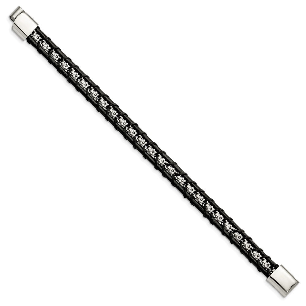 Stainless Steel Polished Flower Link Black Leather 8.25in Bracelet 8.25 inches