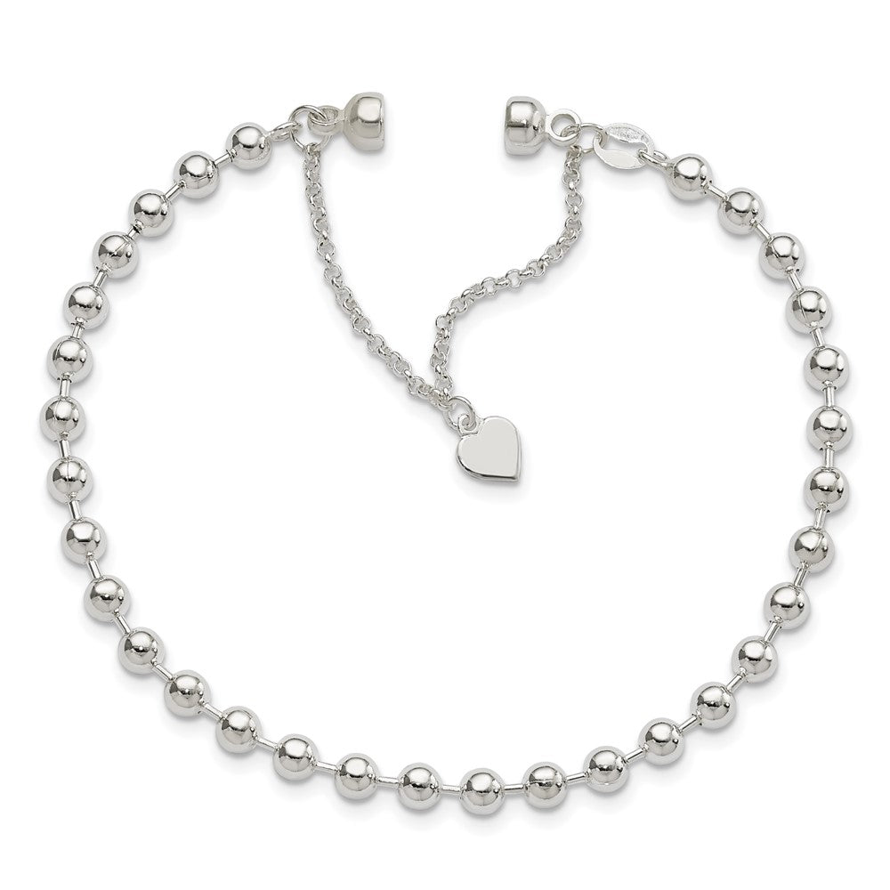 Sterling Silver Polished 4MM Beaded Dangling Heart 7.5 inch Charm Bracelet with Magnetic Clasp 7.5 inches
