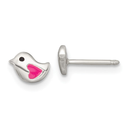Sterling Silver Polished Pink and Black Enameled Heart Bird Childrens Post Earrings