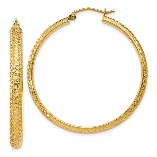 10K Diamond-cut 3.5x38mm Hollow Hoop Earrings