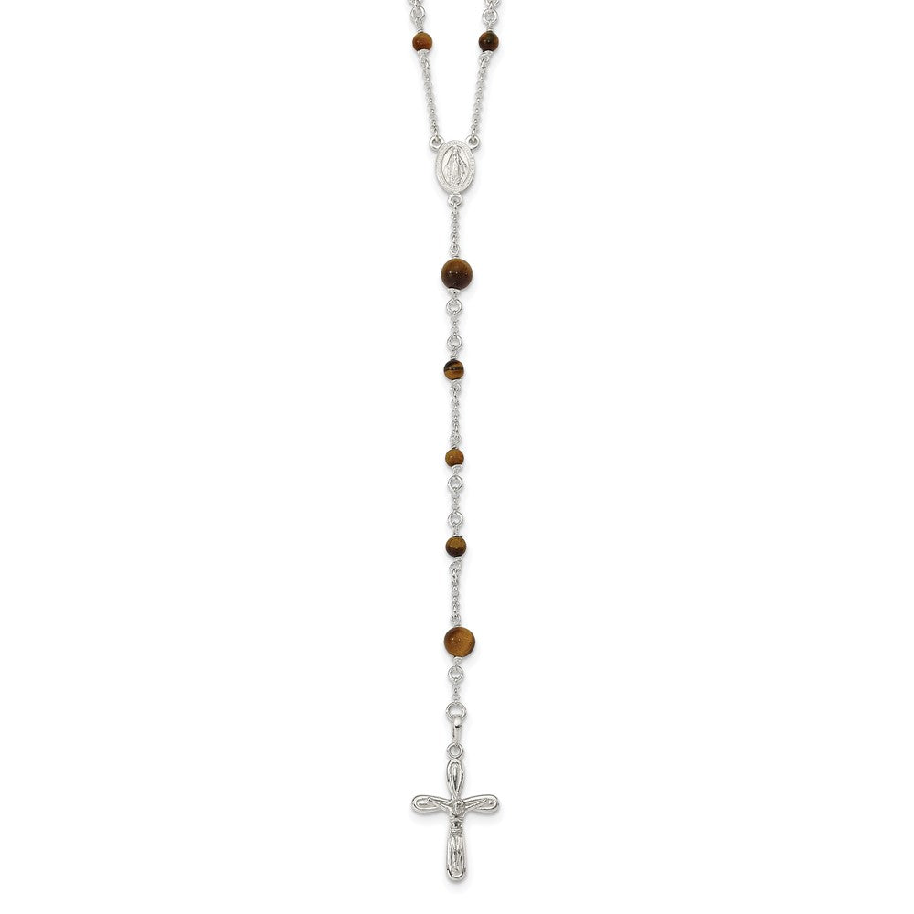 Sterling Silver Polished Tiger Eye Bead Rosary 33 inch Necklace 33 Inches