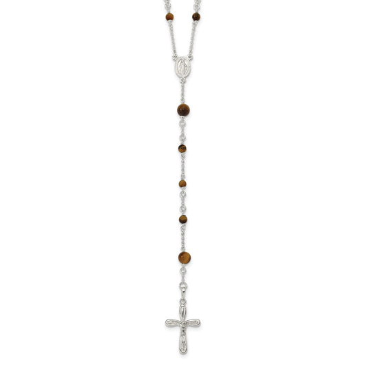 Sterling Silver Polished Tiger Eye Bead Rosary 33 inch Necklace 33 Inches