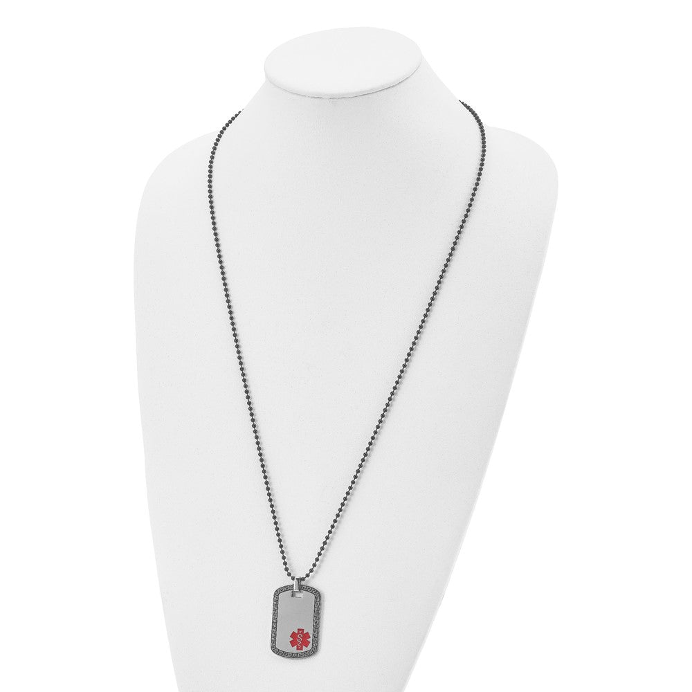 Stainless Steel Antiqued & Polished Greek Key Edge Medical ID Necklace