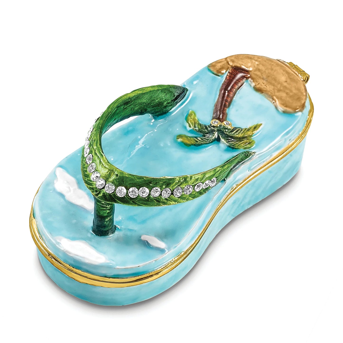 Luxury Giftware Pewter Bejeweled Crystals Gold-tone Enameled SANDY TOES Sandal w/Palm Tree Trinket Box with Matching 18 Inch Necklace Q-BJ4050