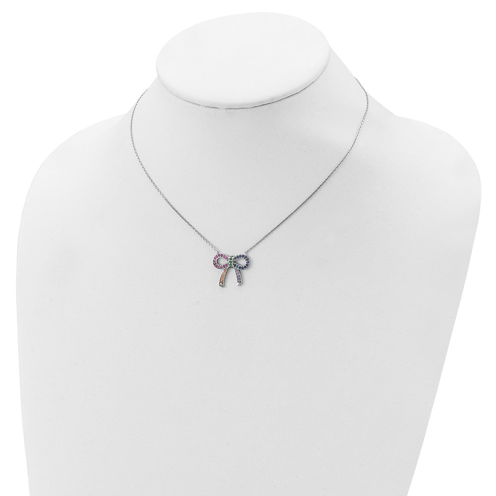 Prizma Sterling Silver Rhodium-plated 16 inch Colorful CZ Bow Necklace with 2 inch Extender