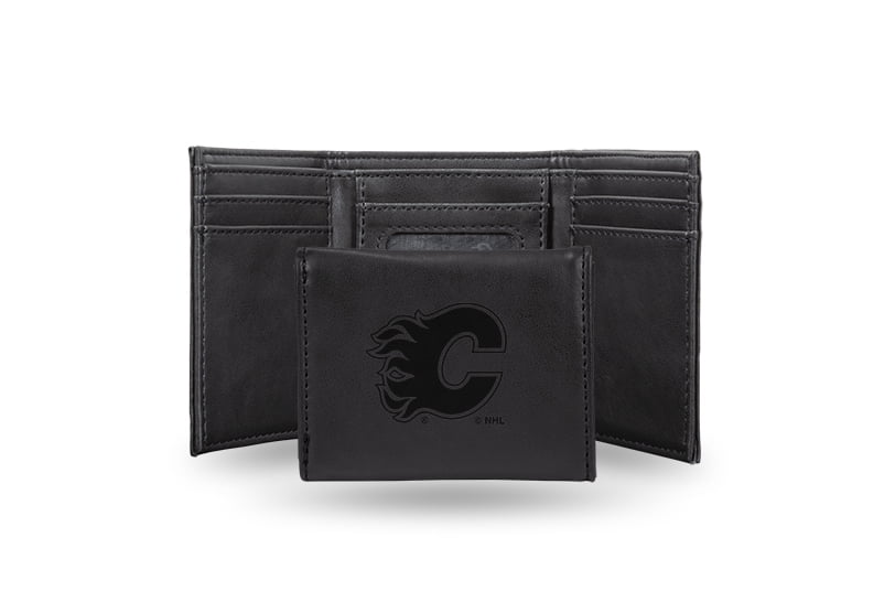 NHL Calgary Flames Black Faux Leather Trifold Wallet with 4 Card Slots and ID Window QGC7816