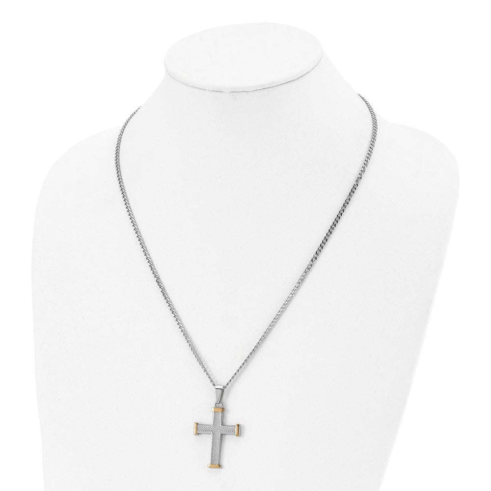 Stainless Steel Textured & Polished Yellow IP-plated Cross 22in Necklace