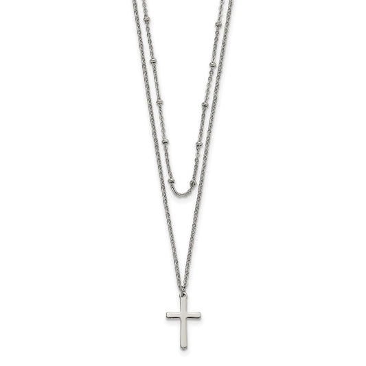 Stainless Steel Polished 2-Strand Cross with 1in ext. 18.25in Necklace