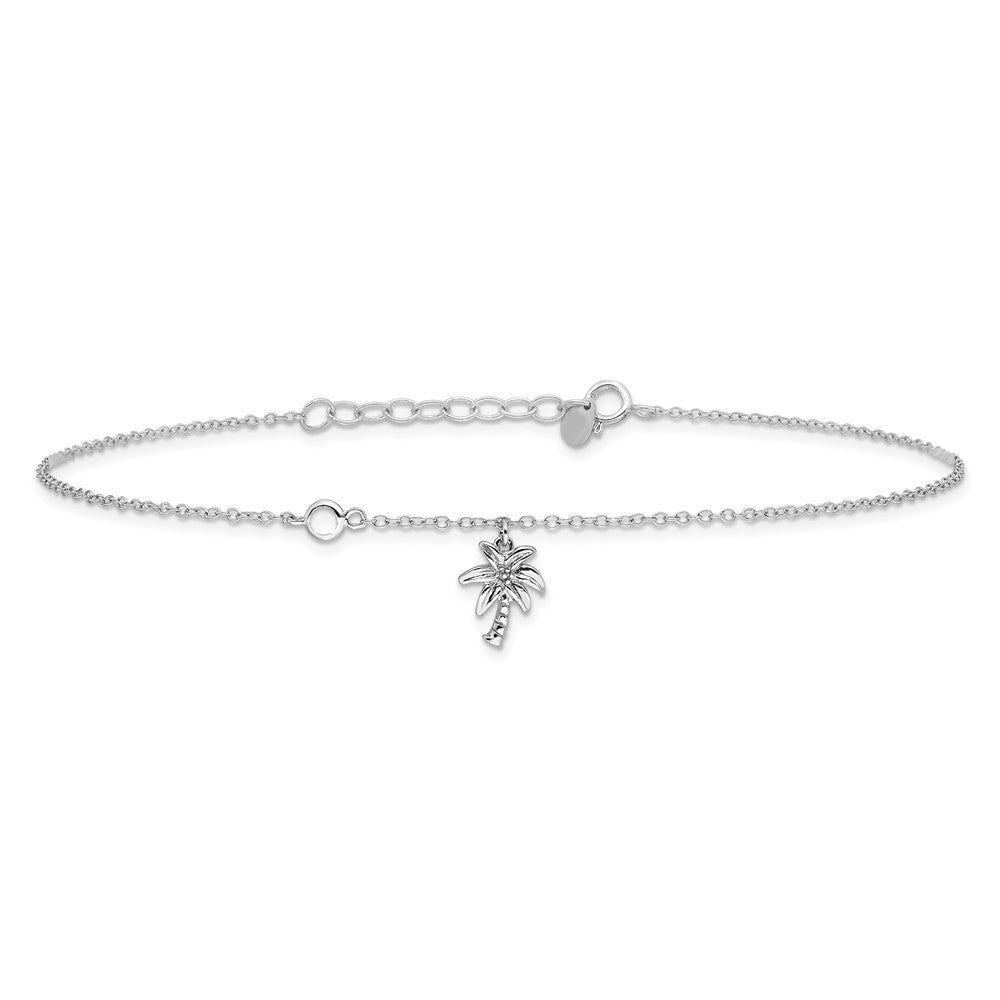 Sterling Silver Rhodium-plated CZ and Palm Tree 9in Plus 1in Ext. Anklet 9 inches