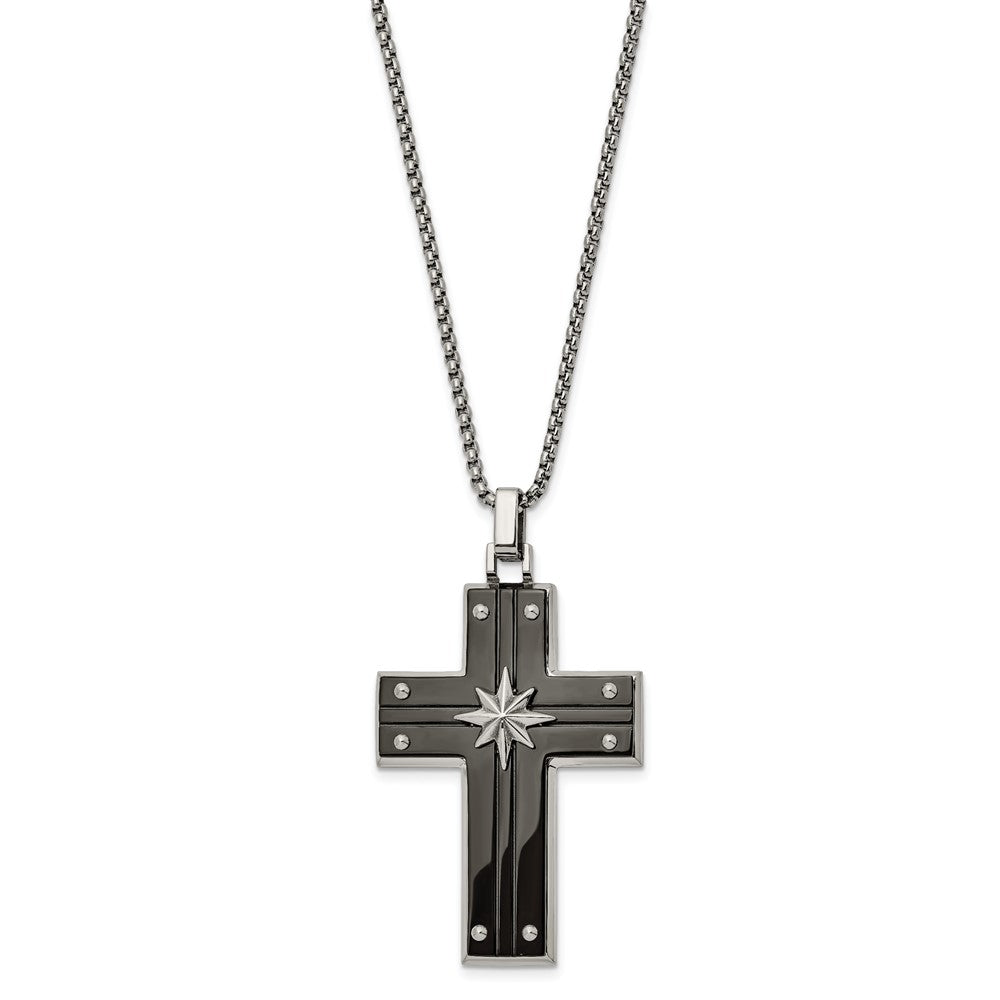 Stainless Steel Polished Black IP Cross w/Starburst 24in Necklace