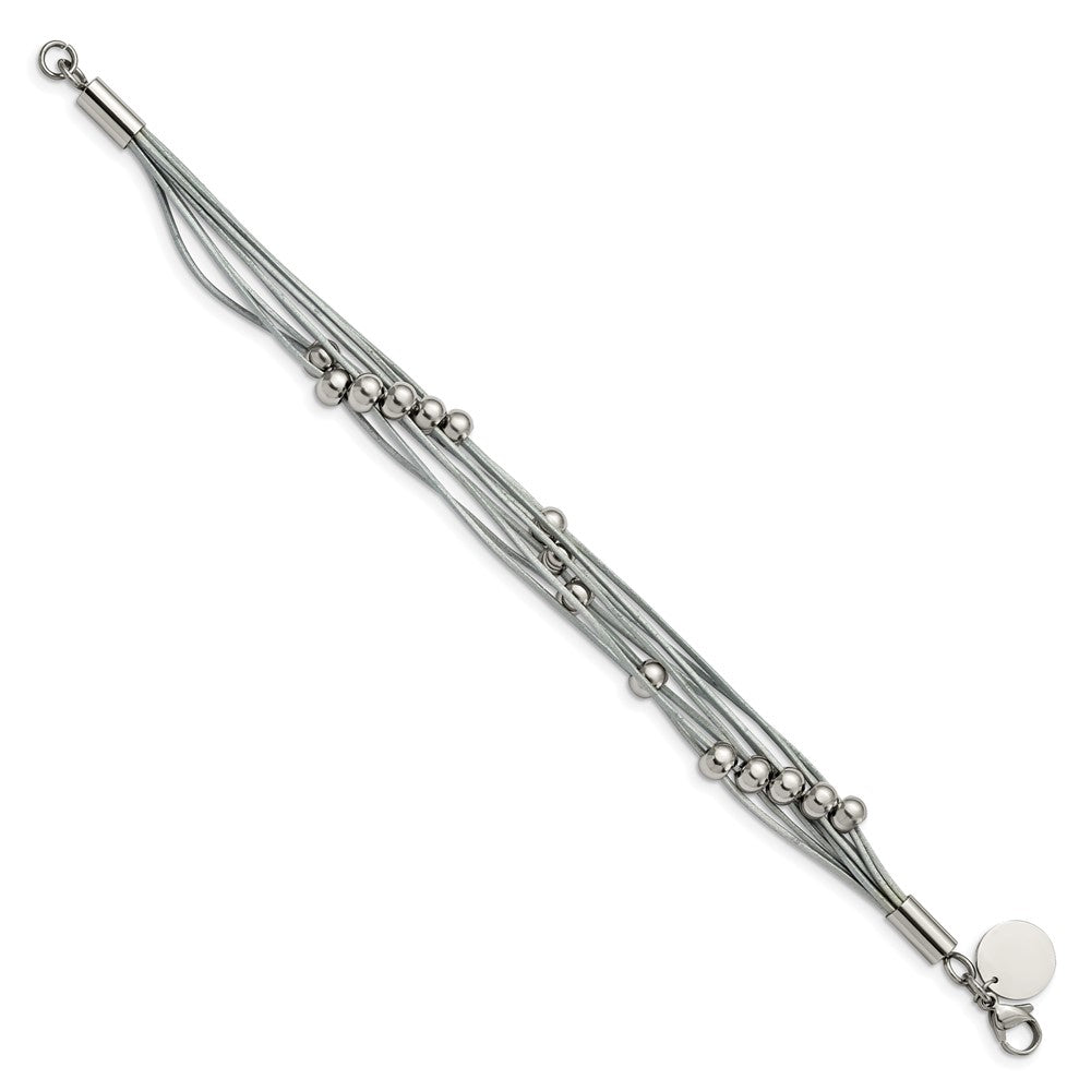 Stainless Steel Polished Beaded Multi-Strand Grey Leather 8in Bracelet 8 inches
