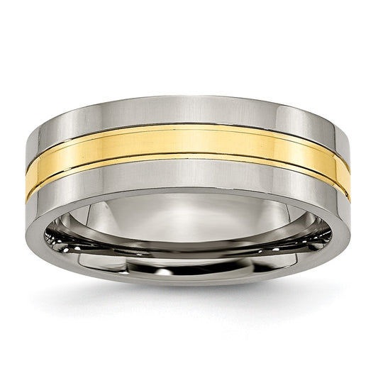Titanium Polished Yellow IP-plated 7mm Grooved Band Size - 15