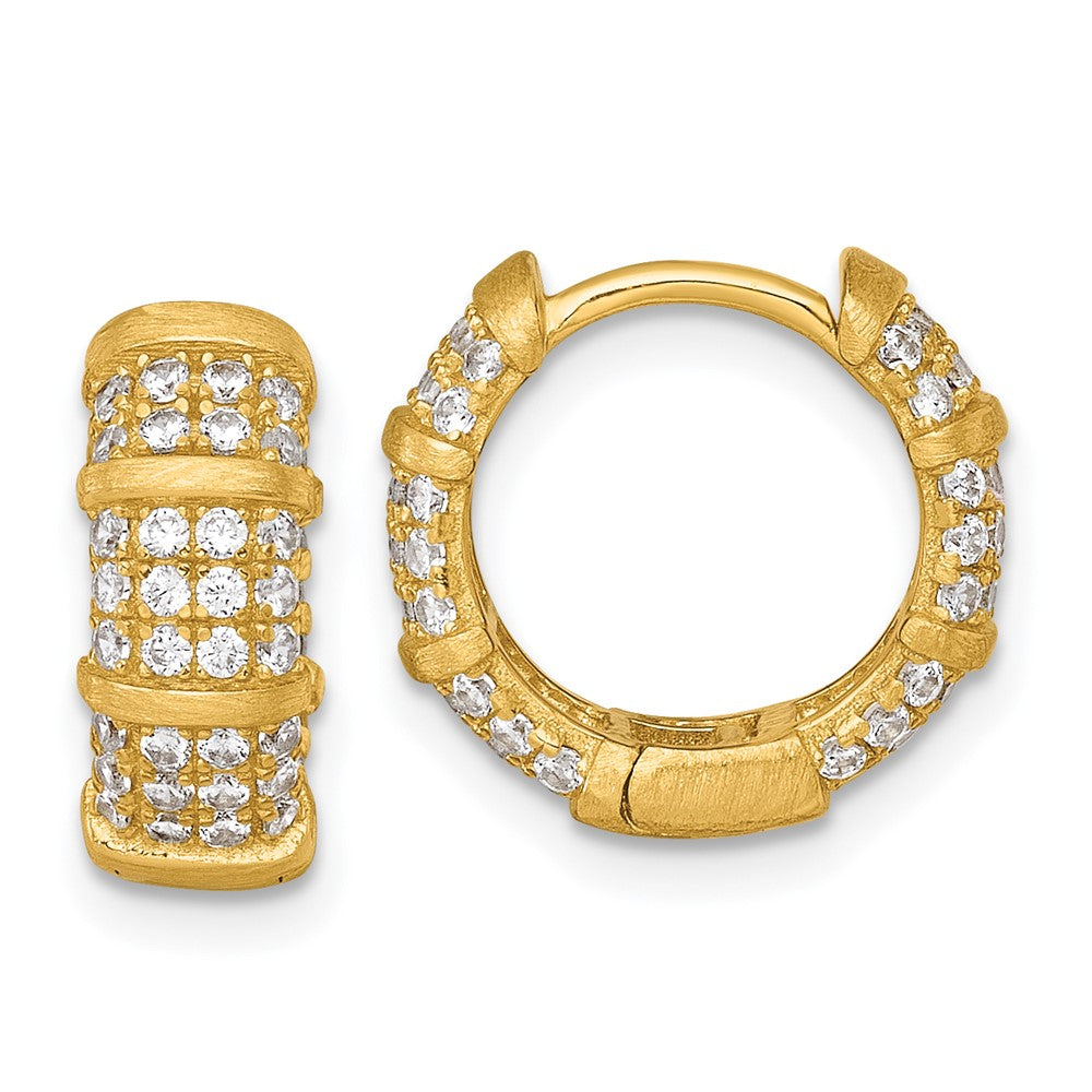 Sterling Silver Gold-Tone Polished and Textured CZ 5.4mm Round Hinged Hoop Earrings