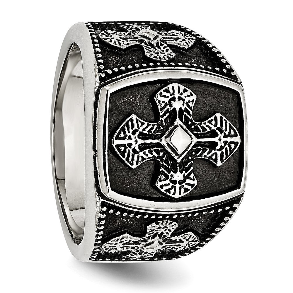 Stainless Steel Antiqued Polished & Textured Cross Ring Size - 11