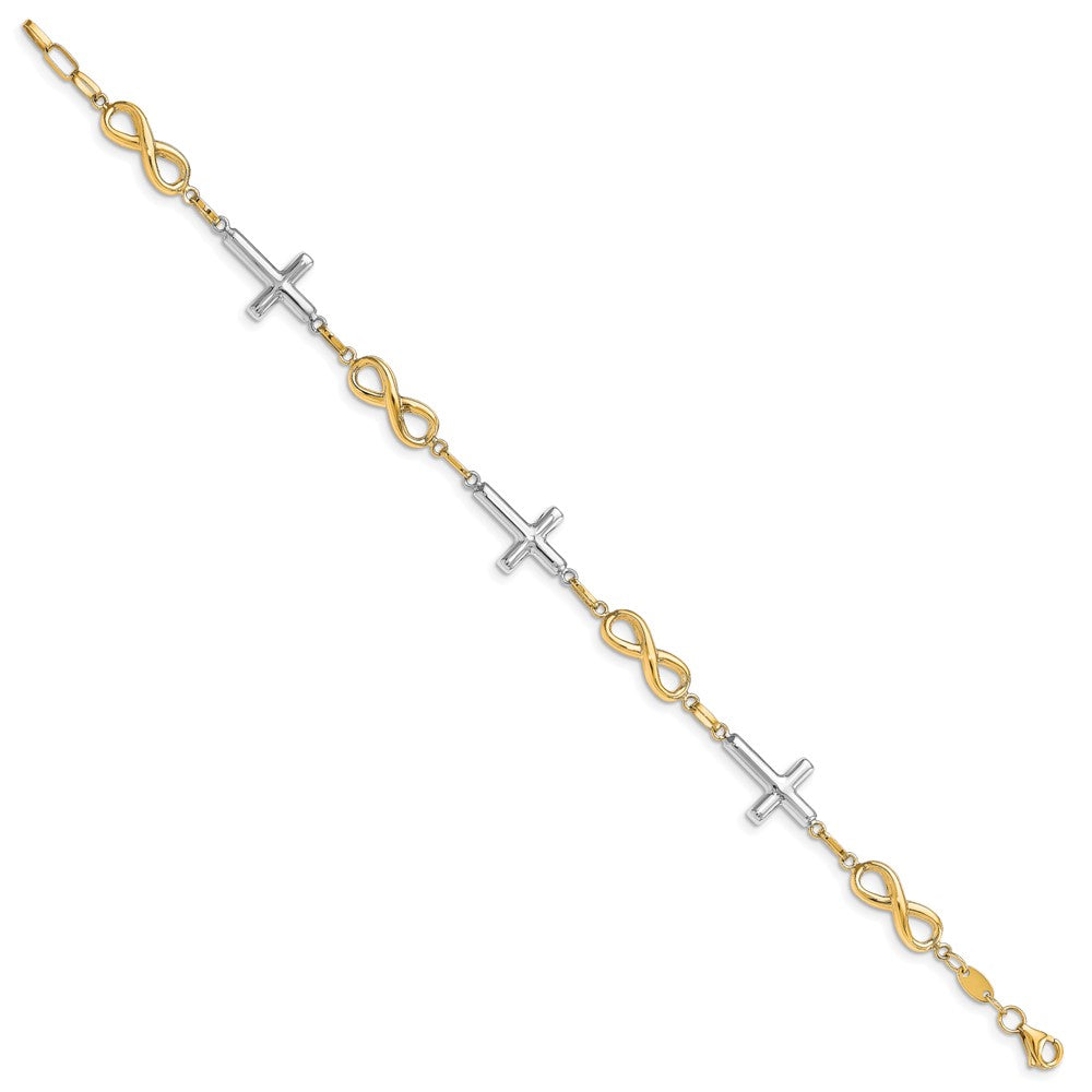 10K Two-tone Polished Cross and Infinity Bracelet 7.5  inches