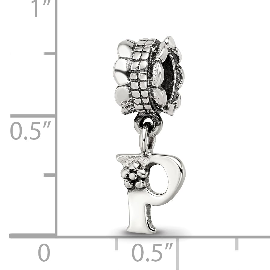 925 Sterling Silver Polished Artisan Oxidized Reflections Letter Name Personalized Monogram Initial P Dangle Bead Charm