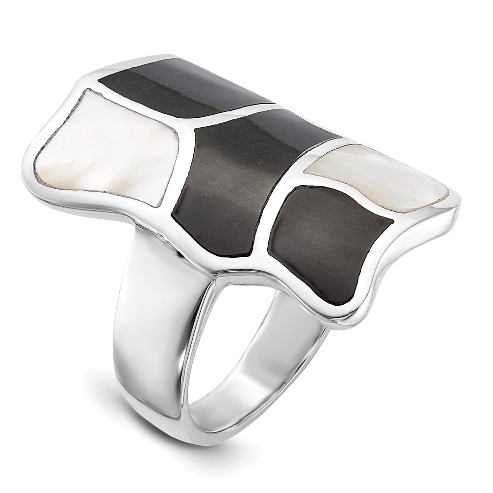 Sterling Silver Polished Mother of Pearl & Black Enamel Ring