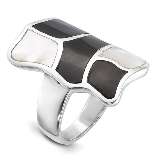 Sterling Silver Polished Mother of Pearl & Black Enamel Ring