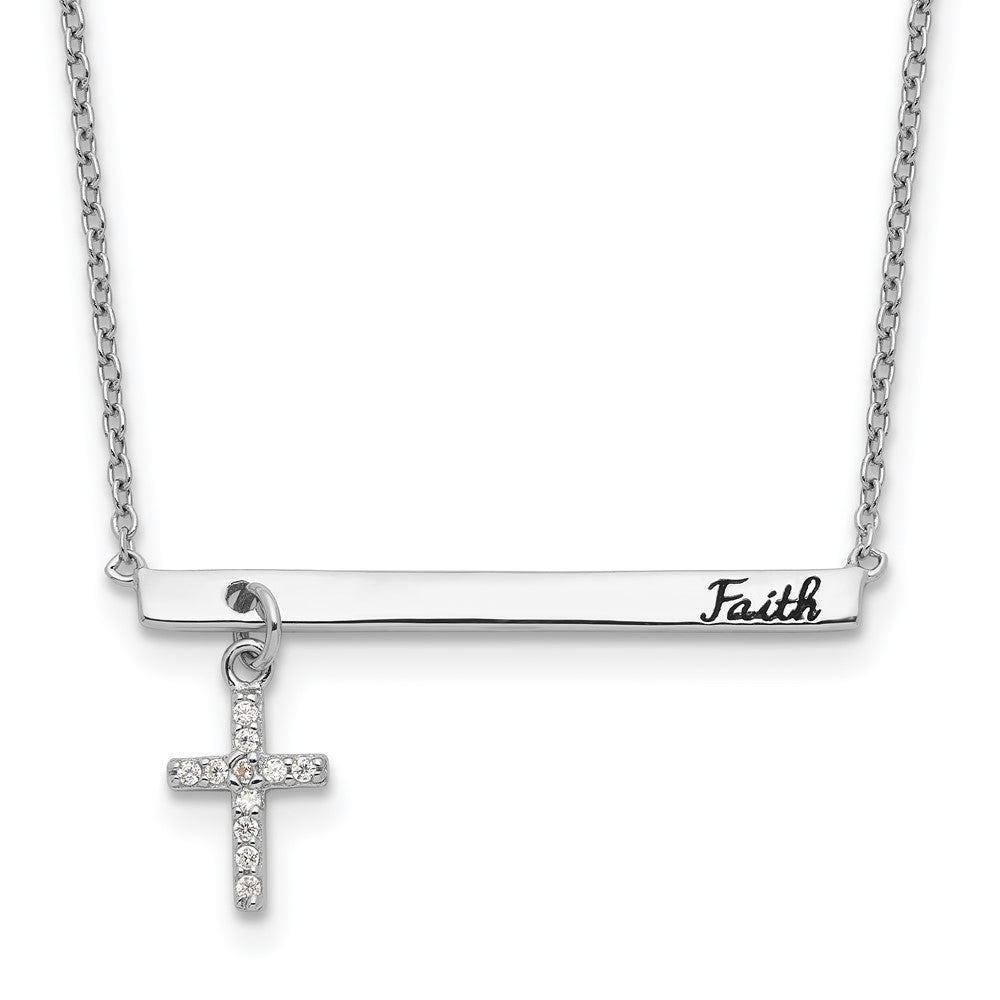 Sterling Silver RH-plated CZ Cross Black Enamel FAITH Bar Necklace 16 Inches