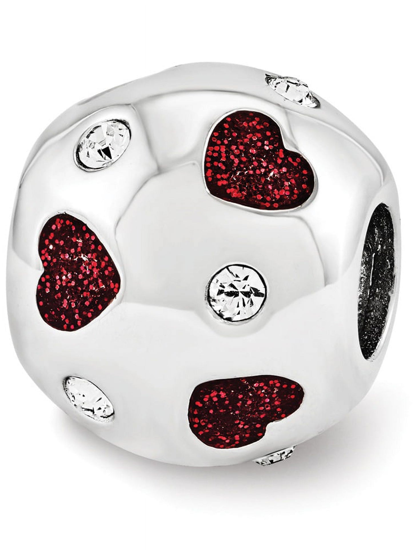 Sterling Silver Red Glitter Enamel w Swarovski Crystals Hearts Charm