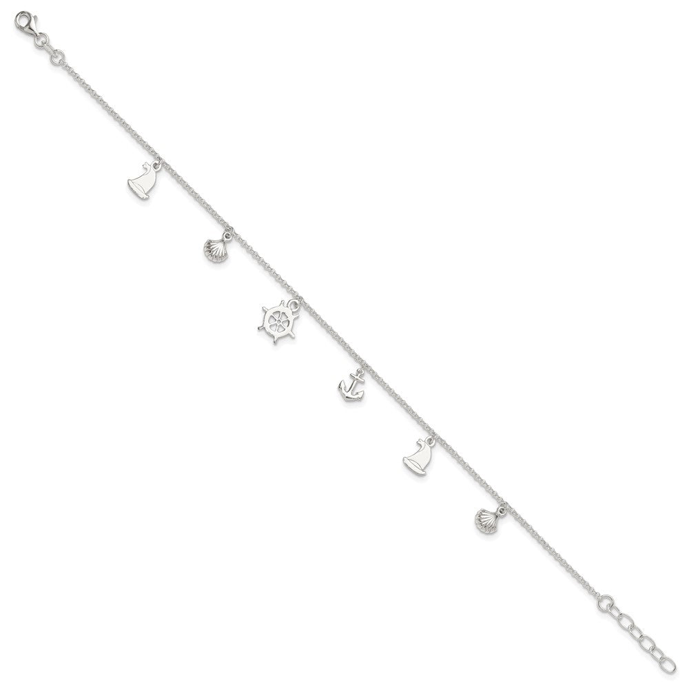 Sterling Silver Polished Ocean Theme 9in Plus 1in Ext. Anklet 9 inches