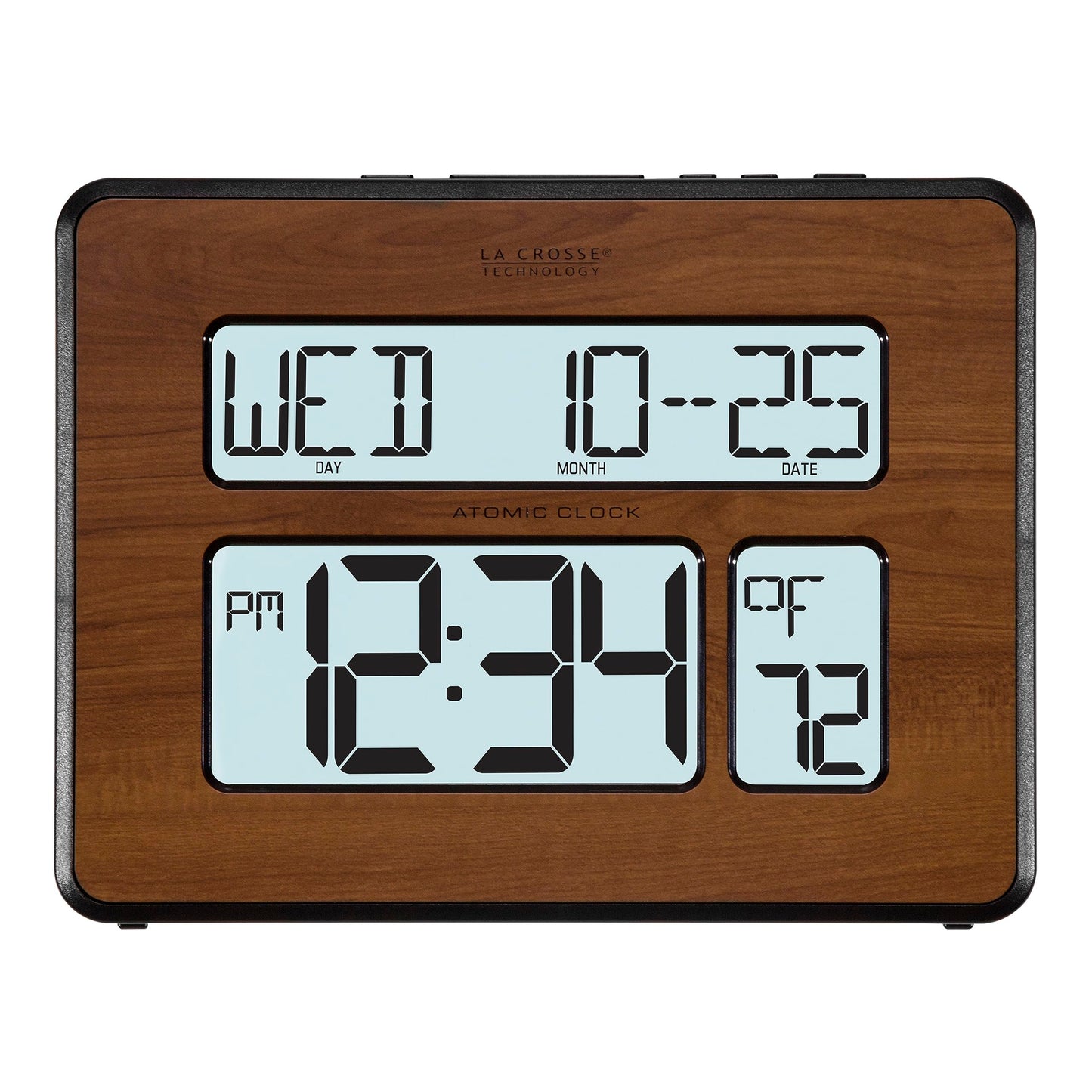 La Crosse 513-1419BL-WA Backlight Atomic Calendar Digital Clock with Large Digits, Walnut