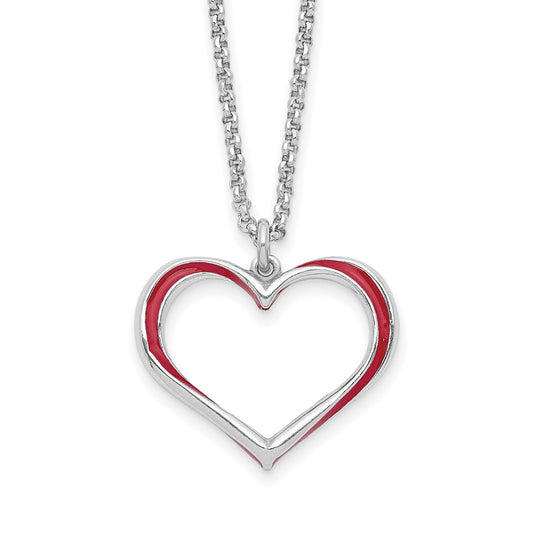 Sterling Silver Rhodium Plated Red Enamel Heart Adjustable 16 inch Necklace with1 inch extension 16 Inches