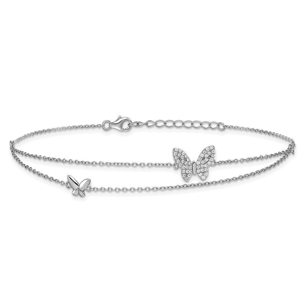 Sterling Silver Rhodium-plated Polished Two-Strand CZ Butterflies 9 Inch Plus 1 Inch Extension Anklet