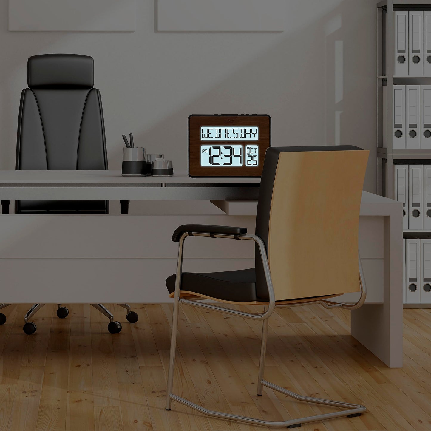 La Crosse 513-1419BL-WA Backlight Atomic Calendar Digital Clock with Large Digits, Walnut