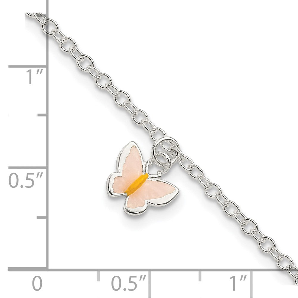 Sterling Silver Polished Enamel Butterfly w/ 1.5in ext. Childrens Bracelet 7 inches