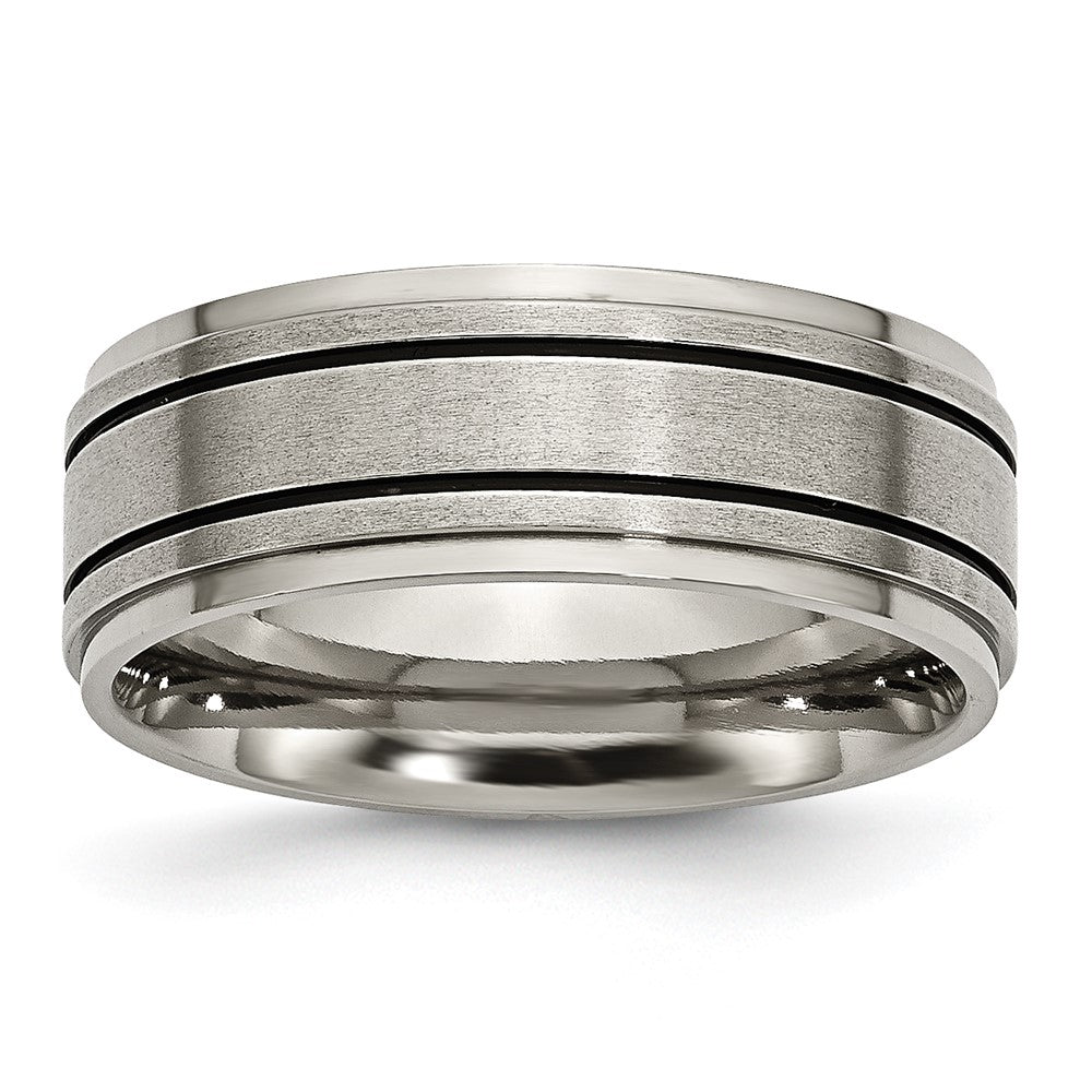 Titanium Satin Center Black Enamel 8mm Ridged Edge Band Size - 12.5