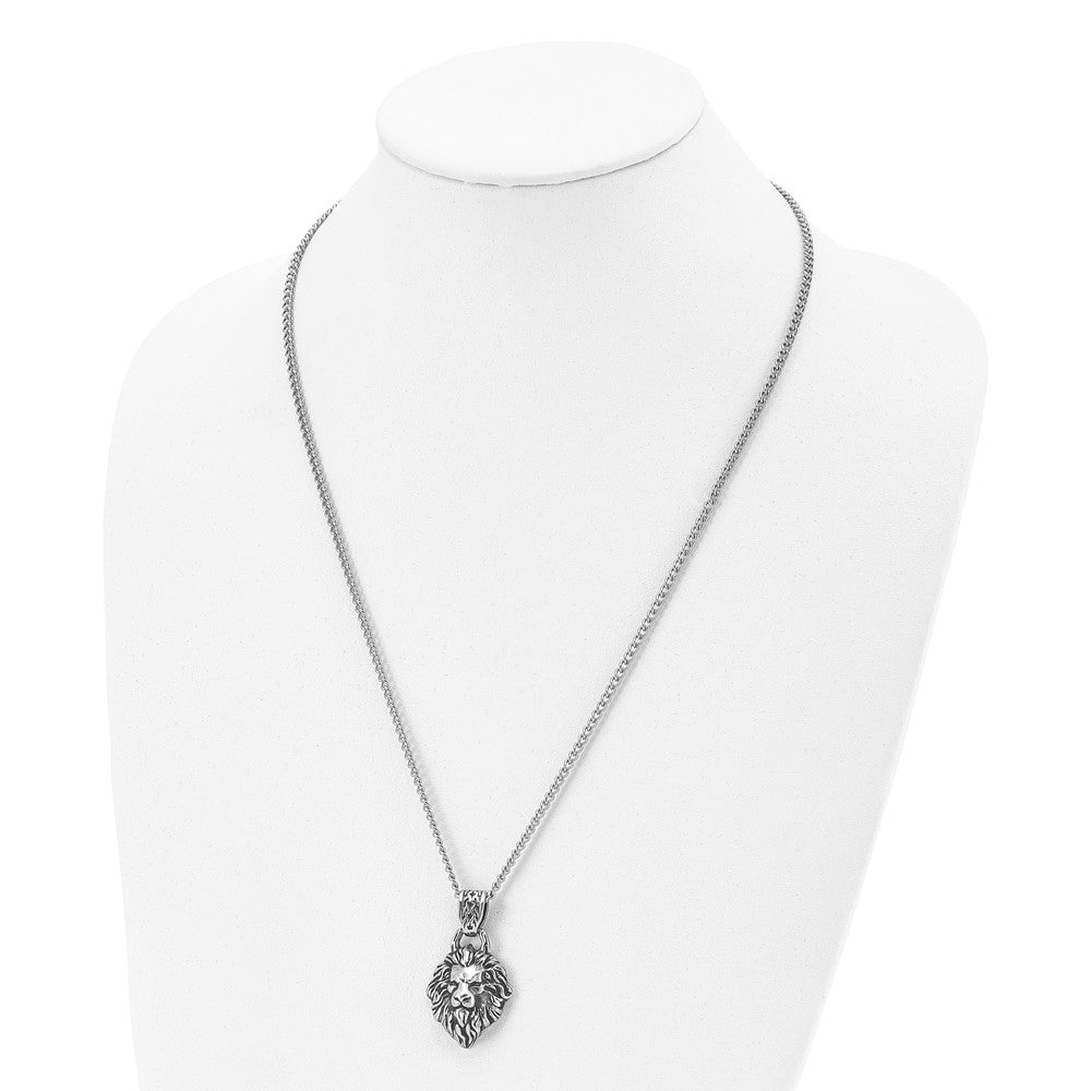 Stainless Steel Antiqued and Polished Lion Head 24in Necklace