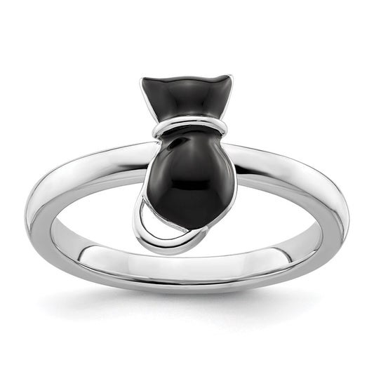 Sterling Silver Stackable Expressions Polished Black Enameled Cat Ring Size -8