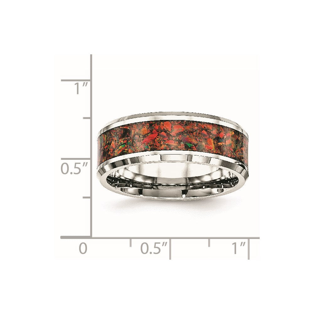 Stainless Steel Polished with Red Imitation Opal Inlay 8mm Band Size - 7.5