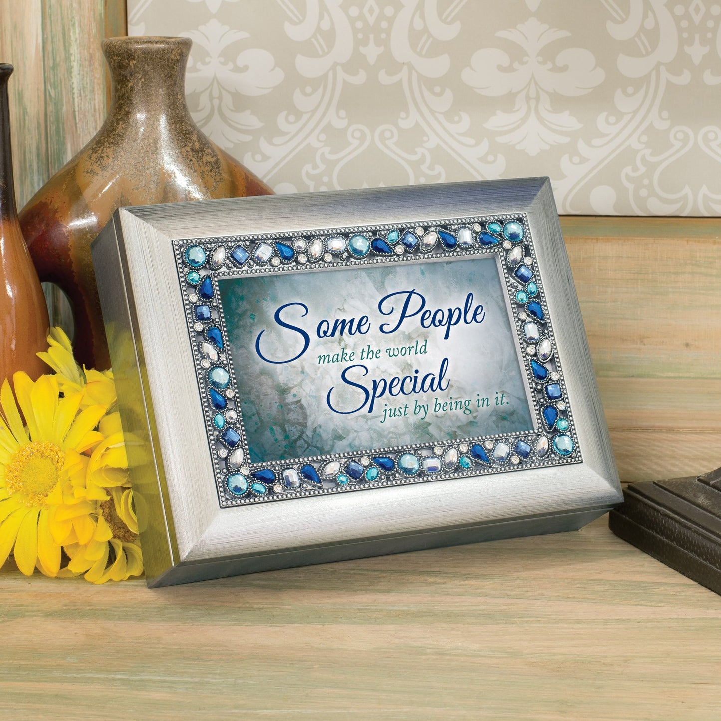 8" Silver Colored and Navy Blue Rectangular Framed Musical Box