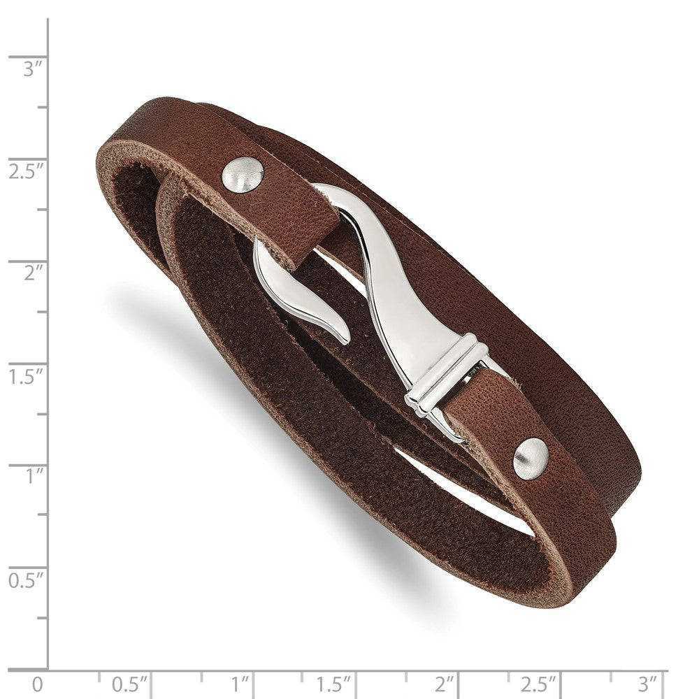 Stainless Steel Brown Leather Wrap Bracelet 24 inches