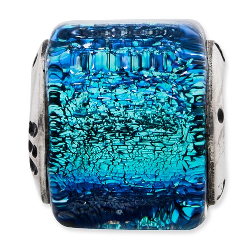 Sterling Silver Reflections Blue Dichroic Glass Square Bead