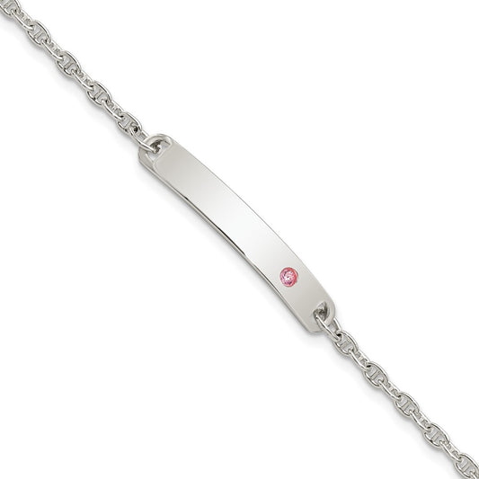 Sterling Silver Polished Childrens ID with Pink CZ Bracelet 5.5 inches