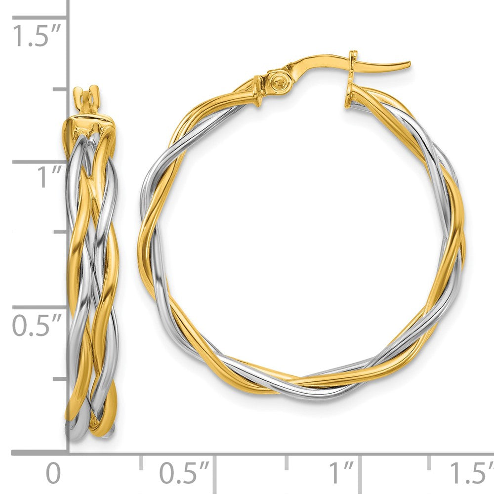 14K with Rhodium Polished Twisted Round Hoop Earrings