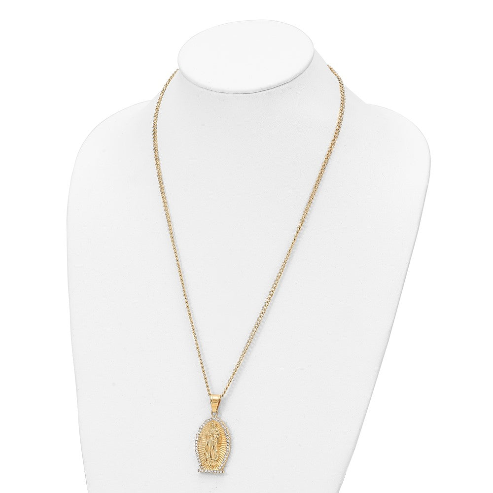 Stainless Steel Polished Yellow IP w/Crystal Lady of Guadalupe Necklace