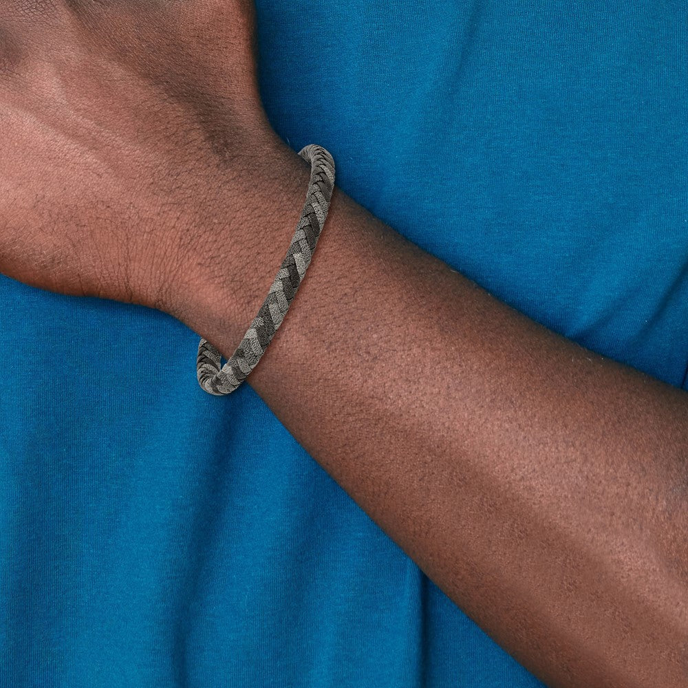 Stainless Steel Polished Black and Grey Braided Leather 8.25in Bracelet 8.25 inches