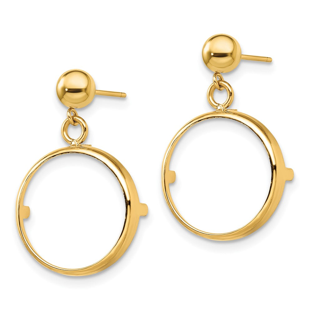 Wideband Distinguished Coin Jewelry 14k Polished Classic Prong 15.0mm Coin Bezel Post Dangle Earrings