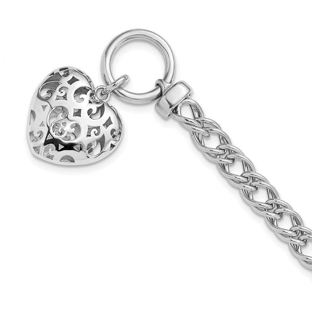 Sterling Silver Rh-plated Polished with Heart Charm Bracelet 7.5  inches