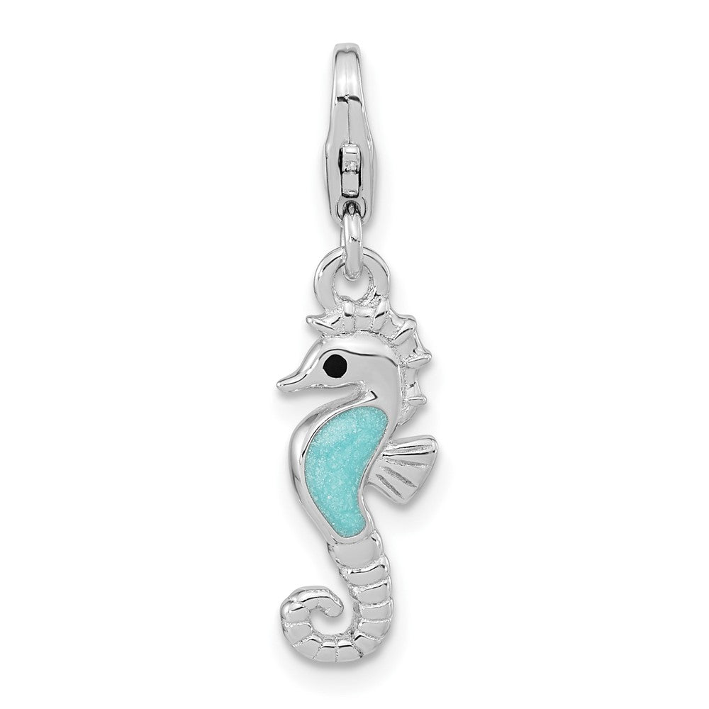 Amore La Vita Sterling Silver Rhodium-plated Polished 3-D Glitter Enameled 3-D Seahorse Charm with Fancy Lobster Clasp