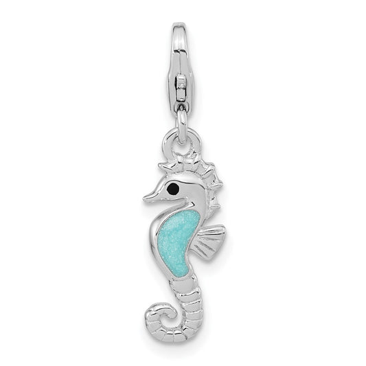 Amore La Vita Sterling Silver Rhodium-plated Polished 3-D Glitter Enameled 3-D Seahorse Charm with Fancy Lobster Clasp
