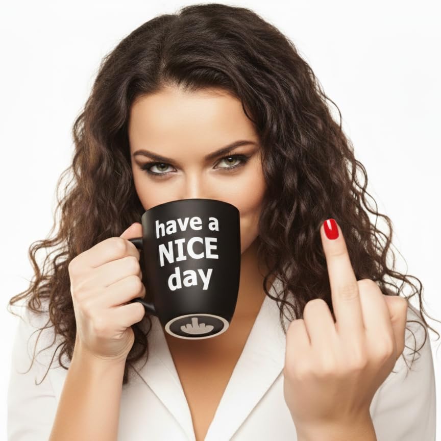 Decodyne Have a Nice Day Coffee Mug, Funny Cup with Middle Finger on the Bottom 14 oz. (Black)