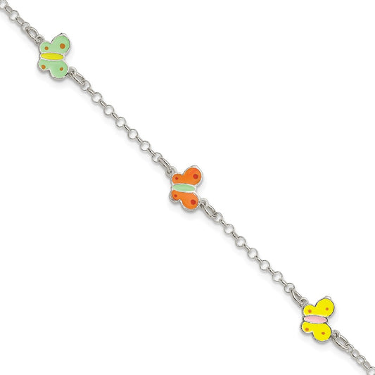 Sterling Silver Polished Multi-color Enamel Butterflies Children's Bracelet 6 inches