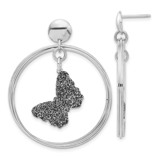 Sterling Silver Rhodium-plated Glitter Enamel Butterfly Dangle Earrings